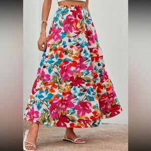 Boho floral print elastic waist maxi skirt